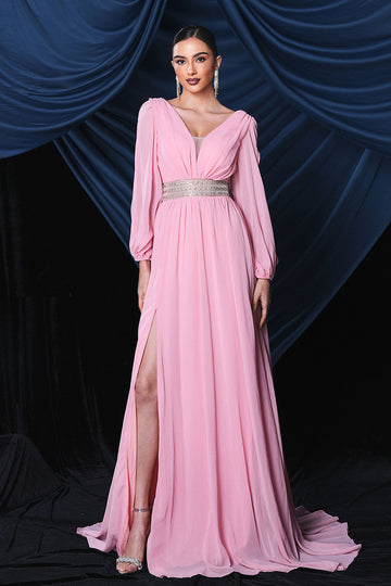 Pink Chiffon Langærmet Gallakjole Med Slids